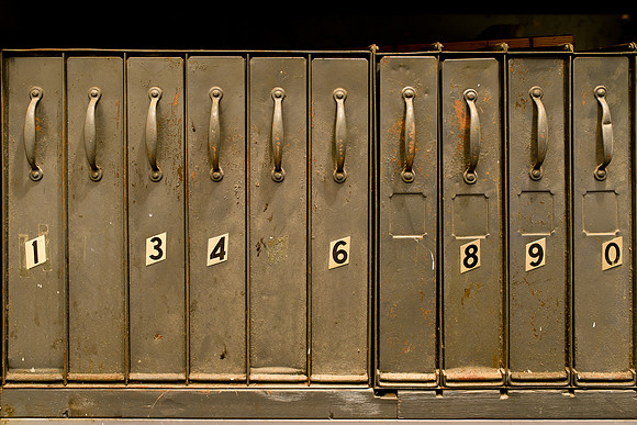 Old film canisters in the projection room.