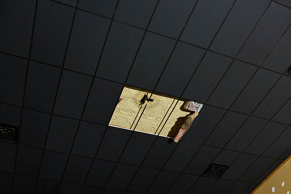 Week 2: Original ceiling visible through new ceiling in the theater. (April 30, 2015)