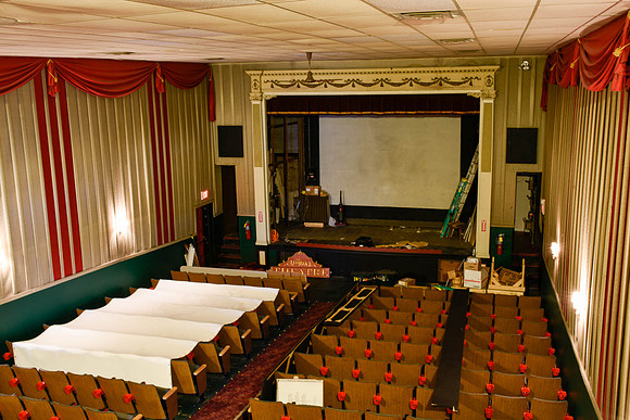 Week 1: Interior at the start of the works. Original painted screen on rear wall. (April 20, 2015)