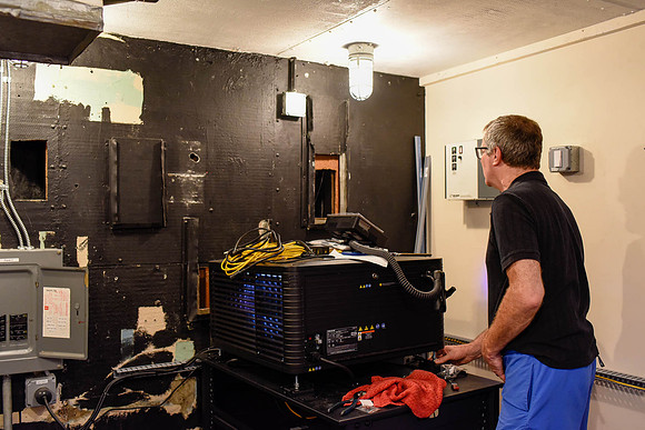 Day before opening, May 28, 2015: Firing up the new digital projector.