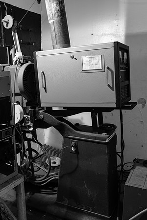 The old projection room: one of the two film projectors last used still in place (April 27, 2015)