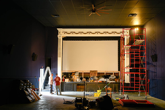 Week 4: New screen and speakers installed; new wall coverings hung. (May 15, 2015)